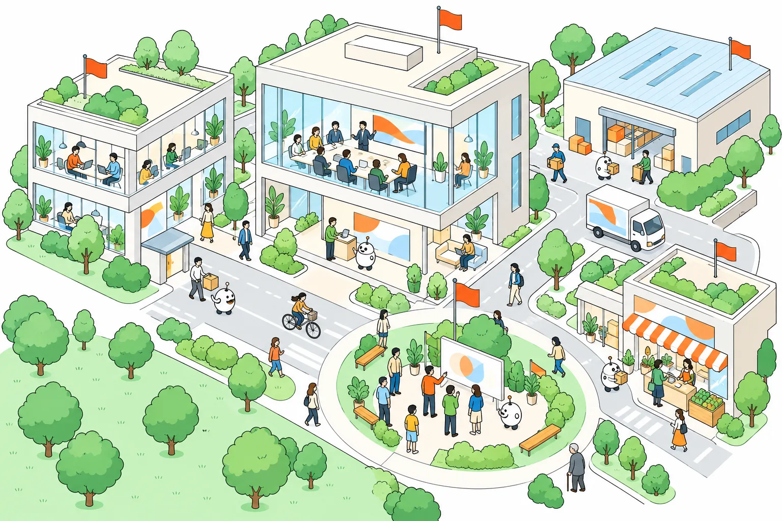 ゴールの旗が立つ会社の街。会議室、オフィス、広場で人と小さなロボットが一緒に働いている