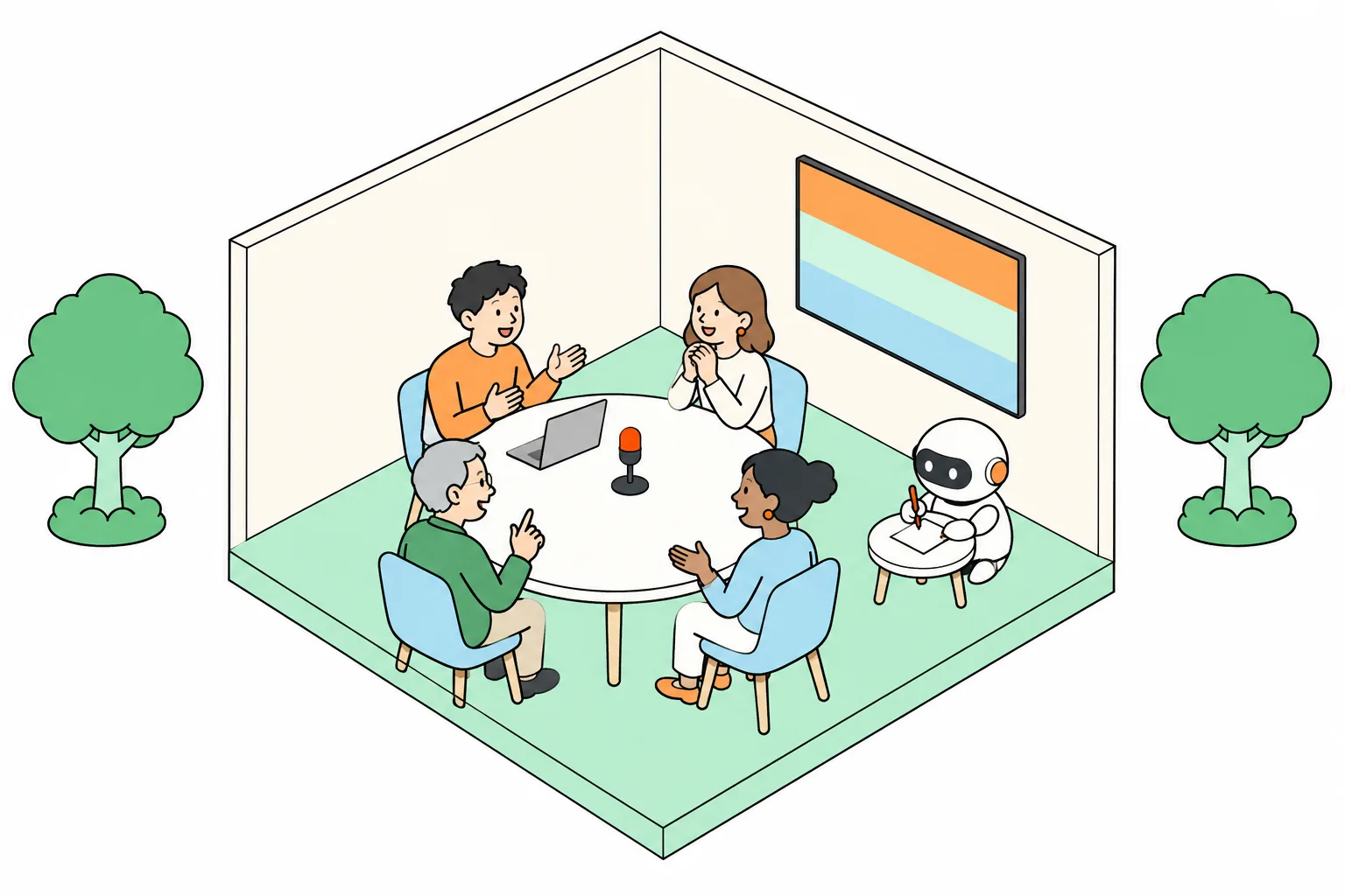 丸いテーブルで4人が話す会議室。ロボットがメモを取っている